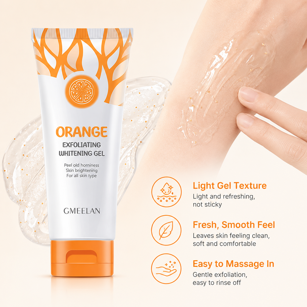 Glowing skin skincare routine with orange exfoliating gel